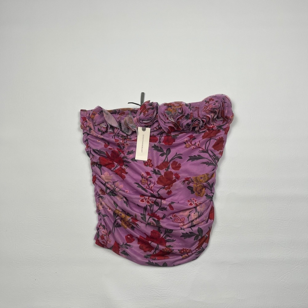Anthropologie Floral Rosette Tube Top Women's Small Purple Ruched Mesh Flower